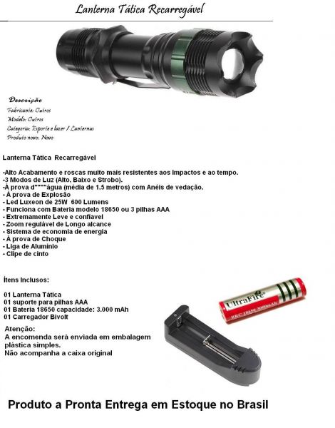 Lanterna Tática + Bateria + Carregador